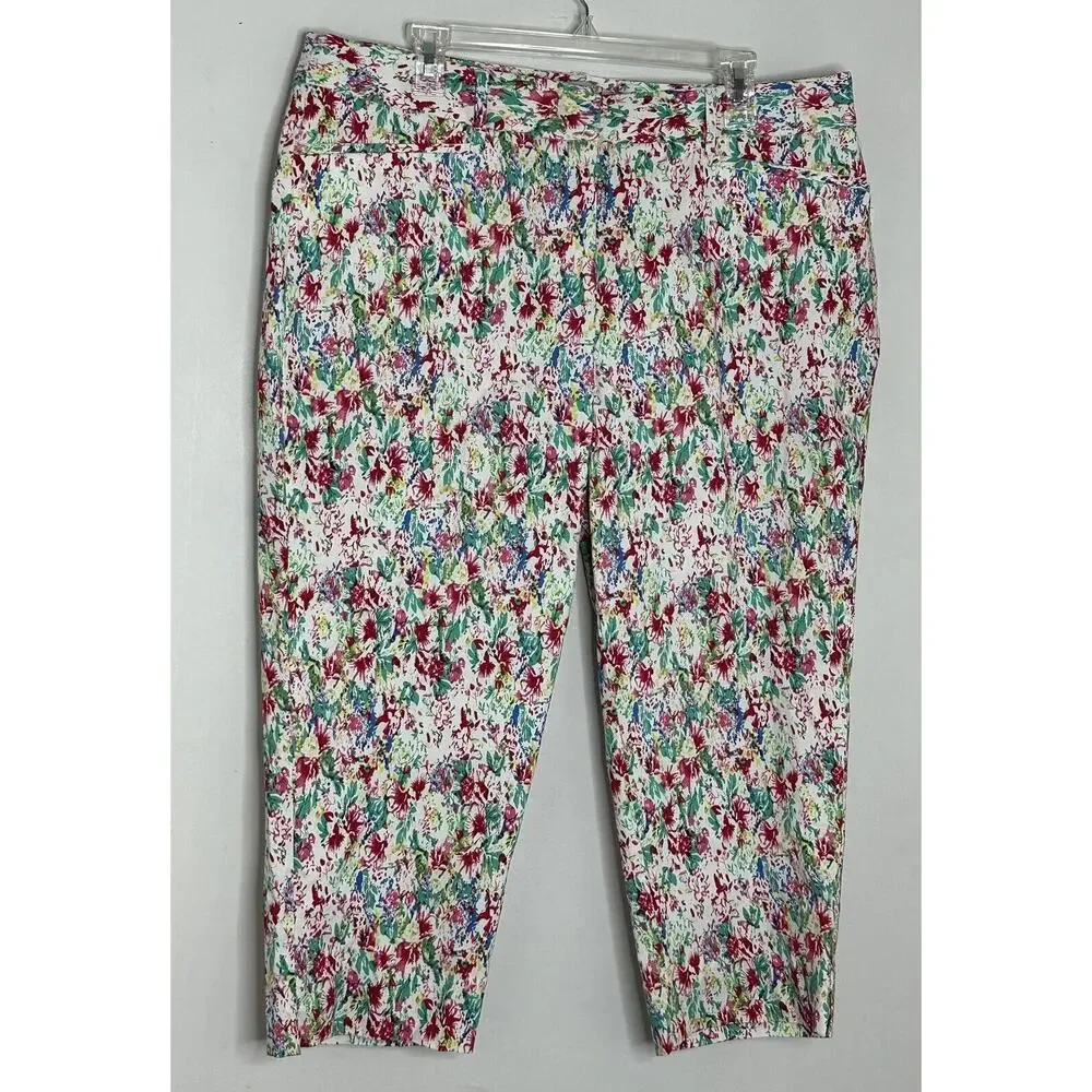 Cassmode New York White Floral Pants Chinos Crop Stretch Cotton Capri Sz 18 New - Picture 2 of 6
